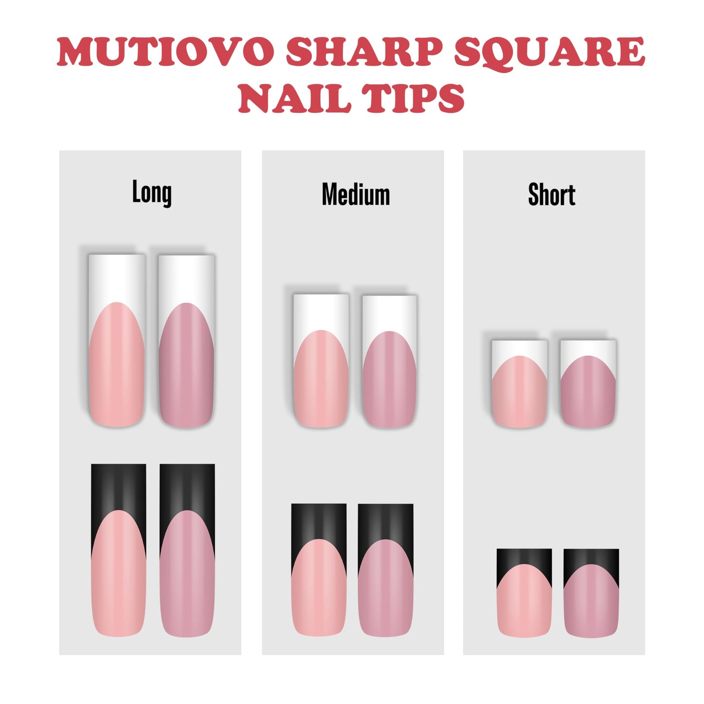 MUTIOVO Black French Tip Medium Straight Square Nail Tips Press on, BERRY PINK Extra Thick Soft Gel Nail Extension, Full Cover False Nails, NEED Builder Glue Gel & Top Coat, for DIY x 15 Sizes 180 pcs