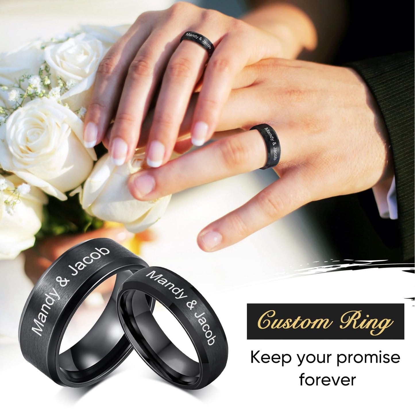 VNOX Customize Jewelry-6MM Black Stainless Steel Beveled Edge Matte Brushed Finish Rings for Men Women,Size 11