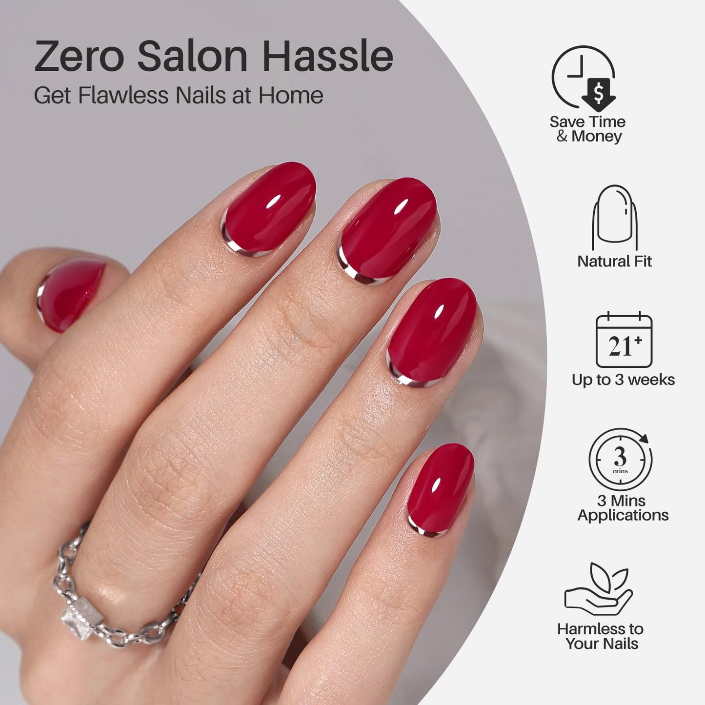 Red Press on Nails Oval - SHANGMENG Soft Gel 3D Silver Foil Short Press on Nails for Women, Seamless Fit Glue on Nails in 16 Sizes - 32 Reusable Fake Nails Kit with Glue, Crimson Curve