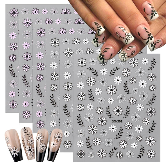 Black White Daisy Flowers Nail Stickers 3D Self Adhesive Purple Floral Nail Art Stickers Spring Cute Little Daisy Flower Nail Decals for Women Spring Summer DIY Nail Decor (6 Sheets)