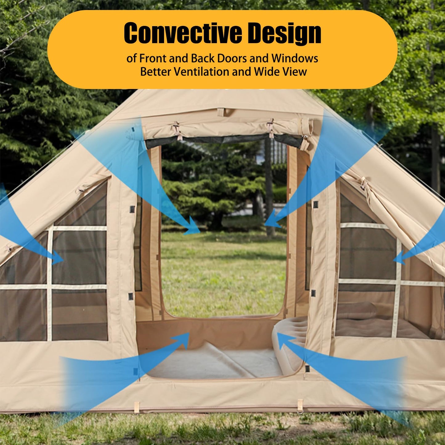 Inflatable Camping Tents with Hand Pump, Air Glamping Tents, Easy Setup Waterproof and Windproof Blow up Tent, 4 Seasons Oxford Cabin Tent with Mesh & Chimney Window. (10 * 6.9ft)