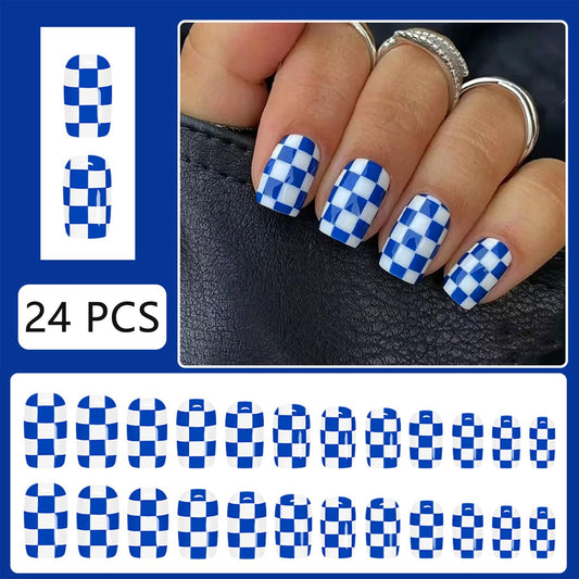 Blue and White Plaid Press on Nails Short Square Fake Nails Green Plaid False Nails Blue and White Acrylic Stick on for Women and Girls Simple and fresh Daily DIY Nails Decoration 24Pcs