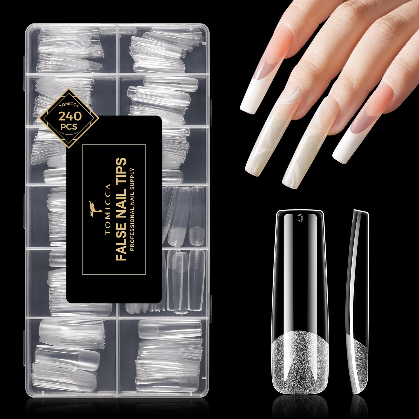 TOMICCA Extra Long Square Nail Tips, 240Pcs Pre-Shaped Half Matte Clear Full Cover False Nails 12 Sizes Gel Nail Tips for Extension Nail Home DIY