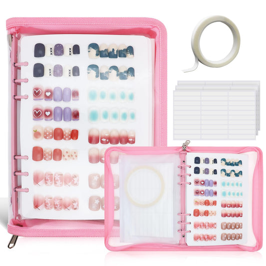 KEIFIN Press On Nail Storage Organizer Binder with 8 Insert Pages - A5 Size Reusable Fake Nail Swatch Collecting Book Polish Color Display Holder Container with Tape and Zipper Pocket (PINK)