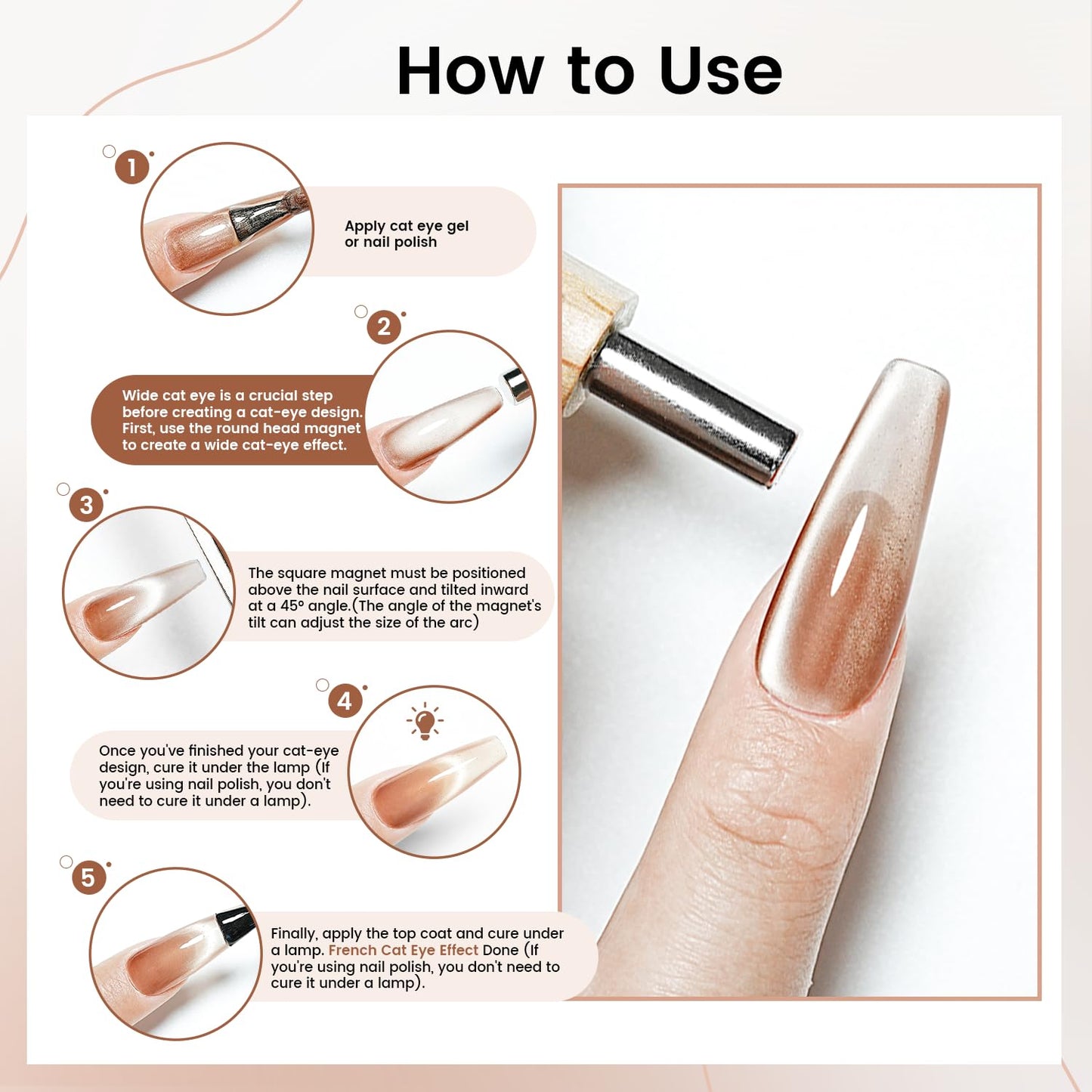 JODSONE 3-in-1 Cat Eye Magnet for Nails, Cylindrical & Square Magnets Nail Art Pens,Multi-Function Strong Magnet Nail Art Tool for Cat Eye Design DIY(Magnet Only, No Gel Included)