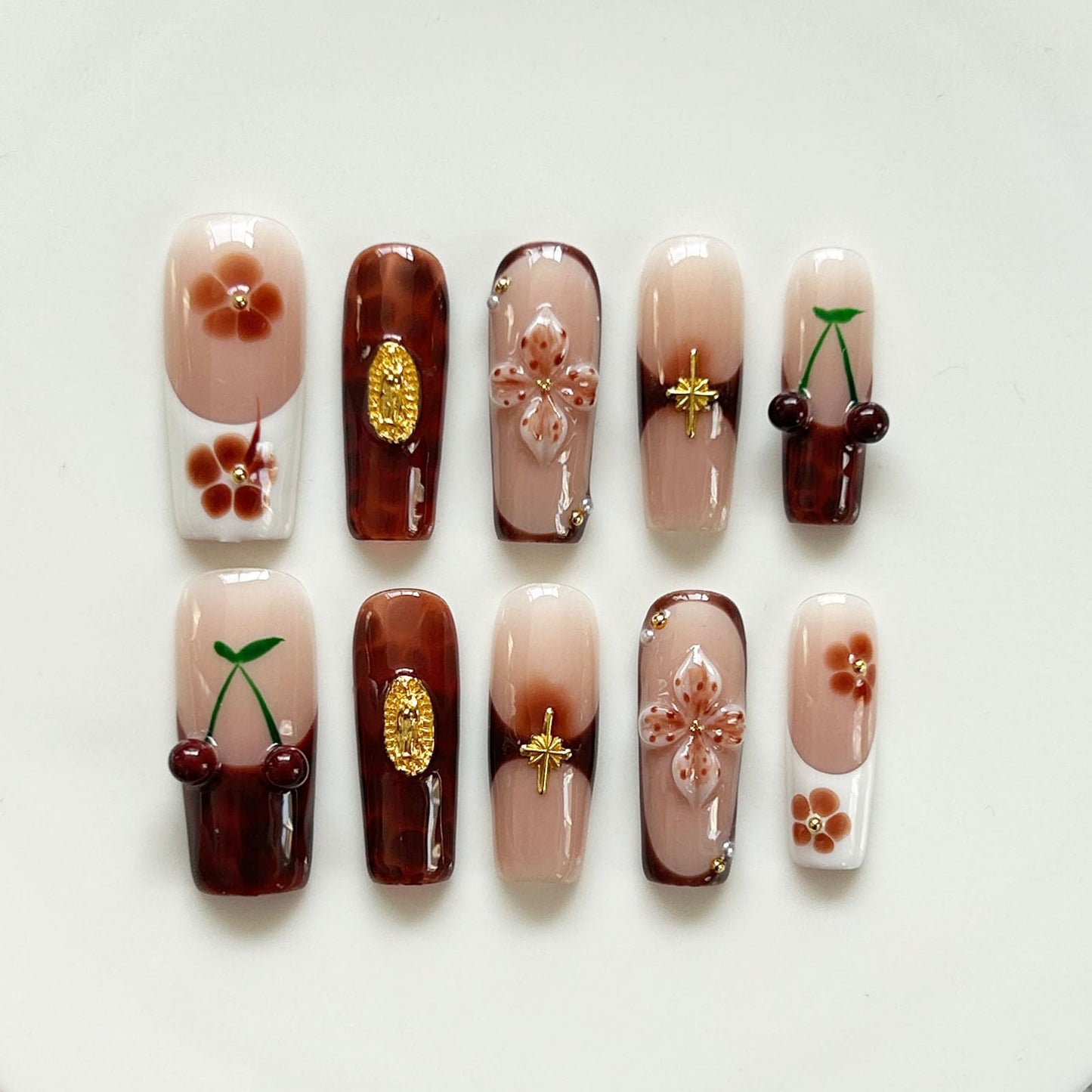Handmade Press on Nails Long Square 3D Flower Tortoiseshell White French Tip Full Cover Stick on Nail for Women Party & Daily Wear 10Pcs (Size M)
