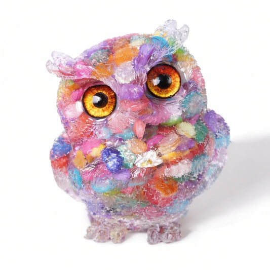 OwMell Owl Statue Tumbled Stone Gemstone Owl Figurine Home Decor Shelf Decor 2.5" - Rainbow