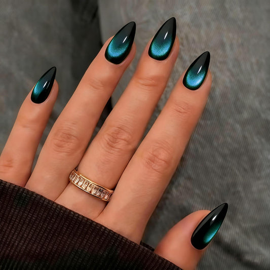SXVME Cat Eye Dark Blue Press On Nails Medium Almond Shaped - 30Pcs Black Stiletto Fake Nails Acrylic Press ons Natural Thick Gel Nails Opaque Glitter Medium Glue on Nails for Women No Glue