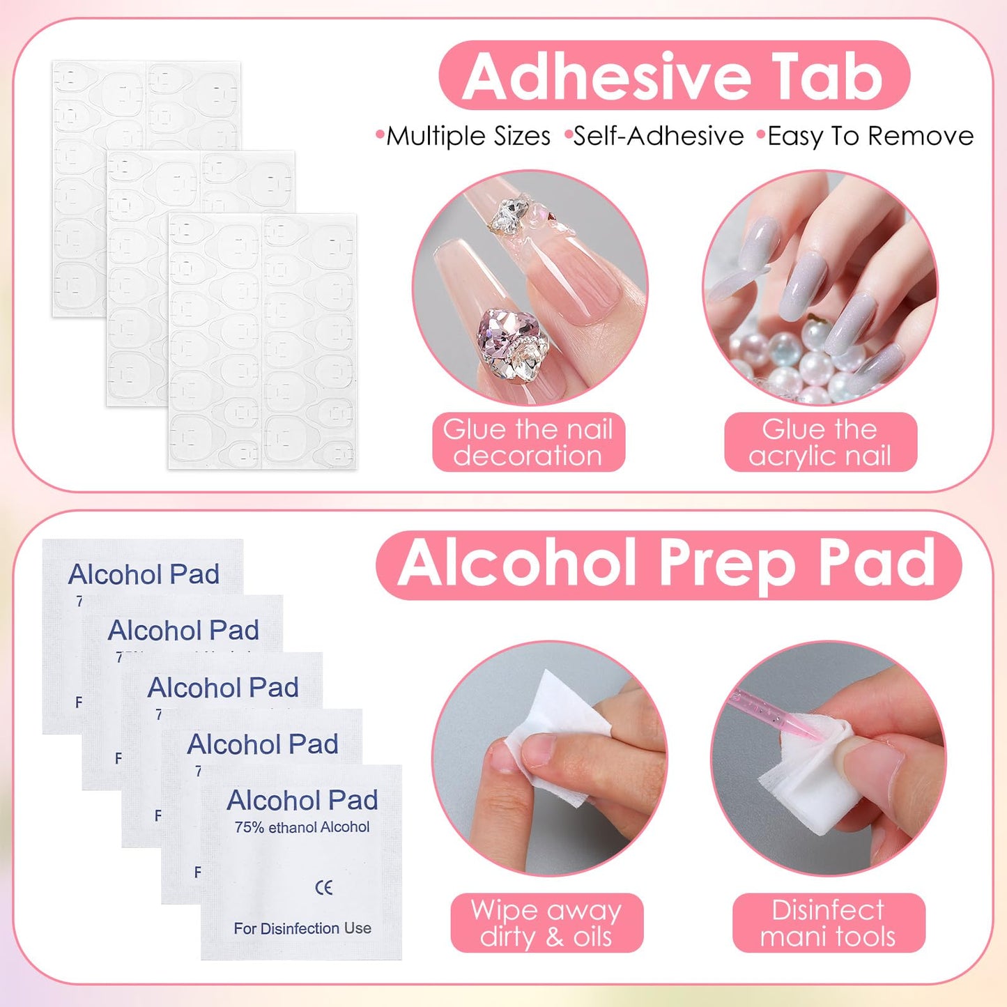 100 Pcs Pink Press On Nail Tool Kit for Business - Prep Application Disposable Kit with File, Glue, Prep Pads, Adhesive Tabs, Wood Stick, Holographic Bag