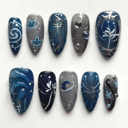 24Pcs Dark Press on Nails Almond Fake Nails Gradient Blue 3D Water Ripple Press on Tips Bow Decor Y2k Style False Nails Medium Silver Star Full Cover Artificial Nails Cute Stick on Nail Acrylic