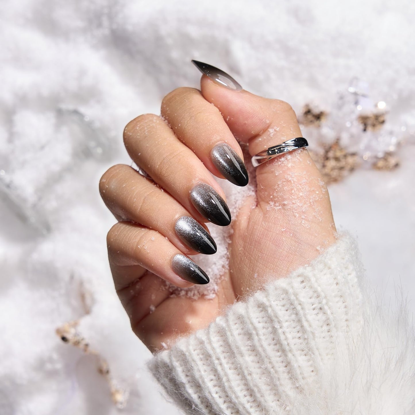 BTArtbox Press On Nails Short - Grave Shine, Sparkle Black Almond Press On Nails with Nail Glue, Soft Gel Glue On Nails in 16 Sizes - 32 Stick On Nails Kit