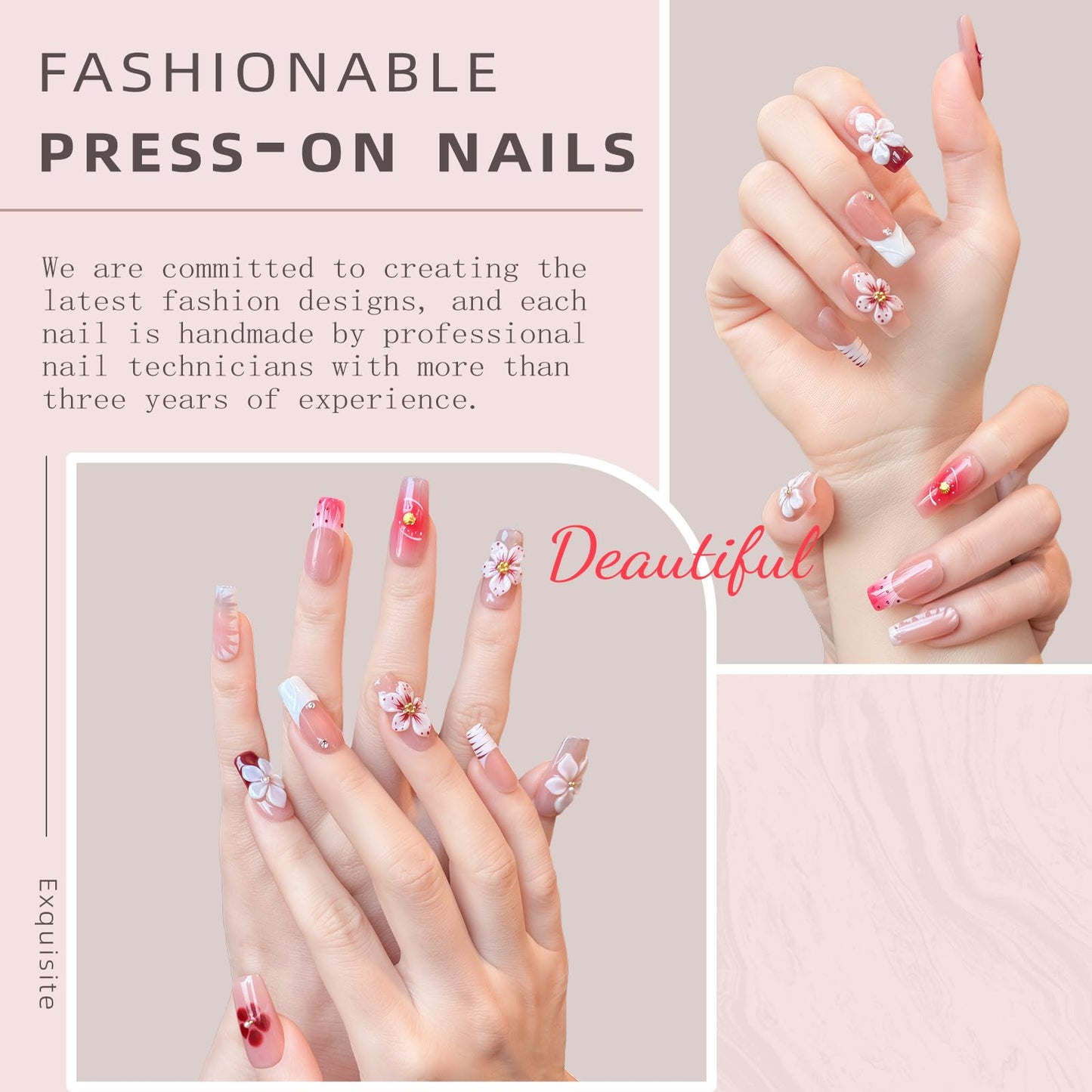 Nude Pink Handmade Press on Nails – Long Coffin Shaped Fake Nails with Rhinestones & Flower Designs | Full Cover Thick Acrylic & Multi-Layer Gel Stick on Nails Spring Pattern (S-10PCS)