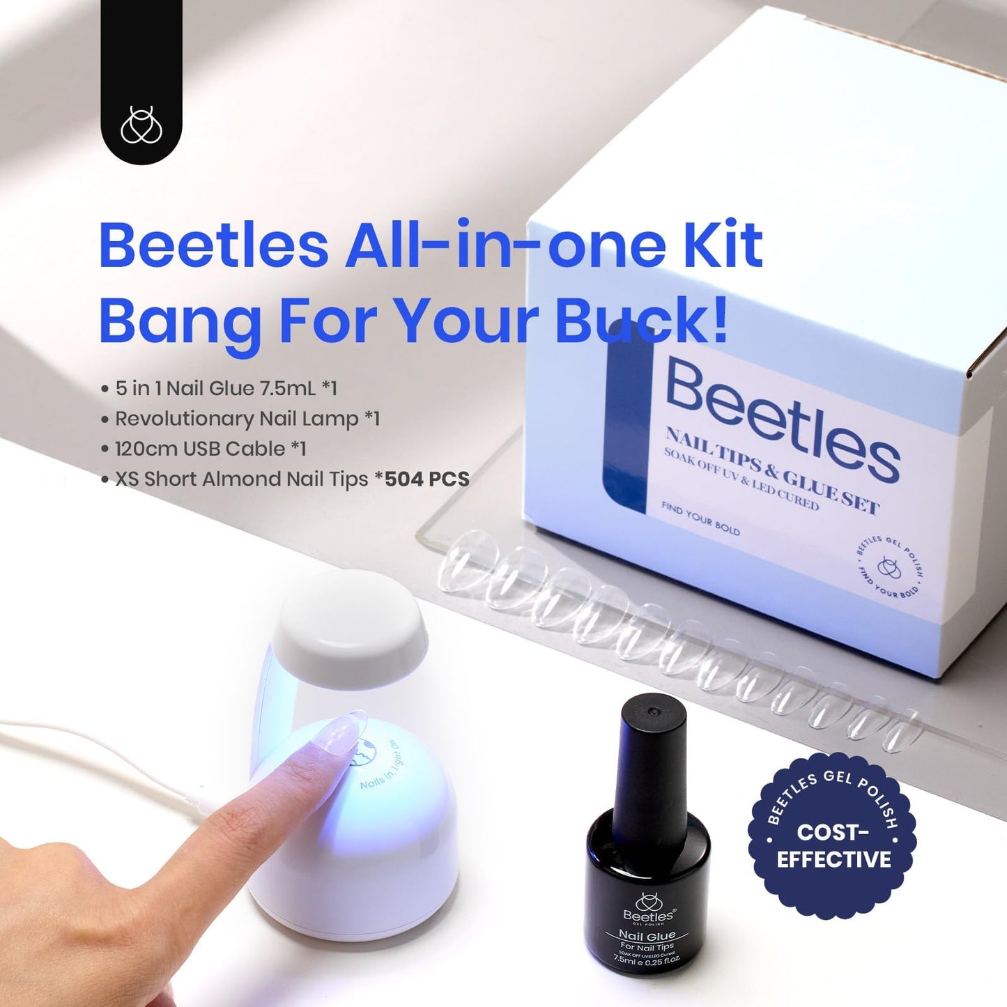 Beetles Gel Nail Kit Almond Short, 500Pcs Pre Shaped Clear Extra Short Almond Gel Nail Tips Easy Nail Extension Set with 5 in 1 Multifunctional Nail Glue Base Uv Led Lamp Nail Art Gifts for Women