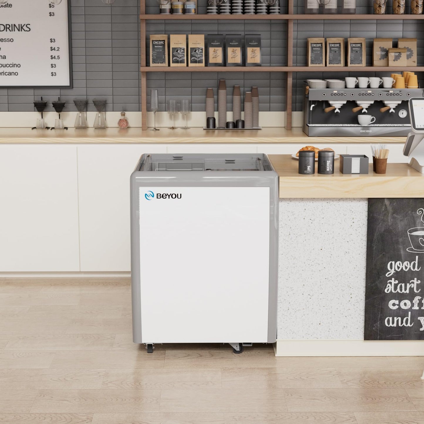 BEYOU Commercial Ice Cream Freezers with Display Glass Top，5.6 Cu.ft Chest Freezer with Wire Basket, White