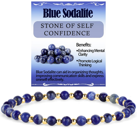 QOGIR Blue Sodalite - Self Confidence - 14K Gold Plated Beads Natural Gemstone Stretch Elastic Dainty Healing Beaded Bracelets Gifts 4mm