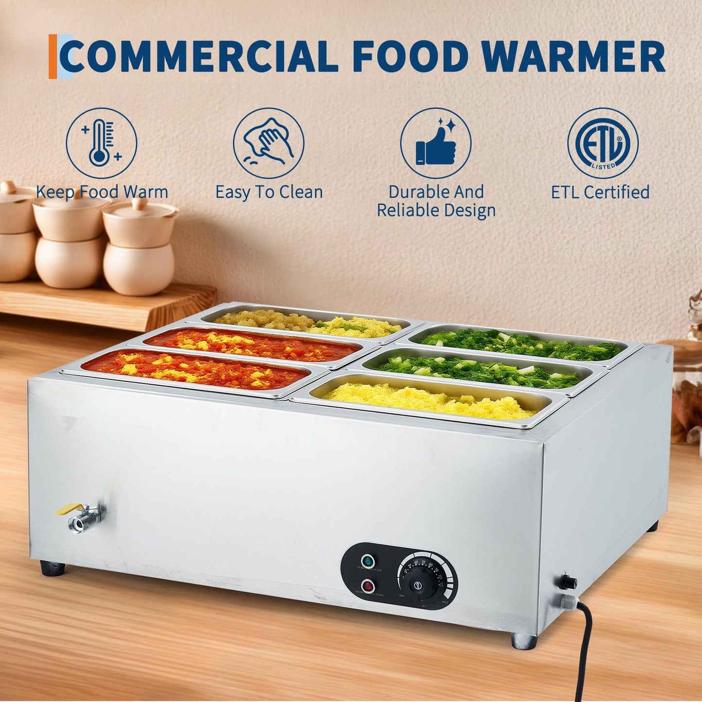 Commercial Food Warmer Stainless Steel 1500w Electric Buffet Server Bain Marie,3-Pan Catering Hot Food Station for Restaurants, Hotels, Banquets
