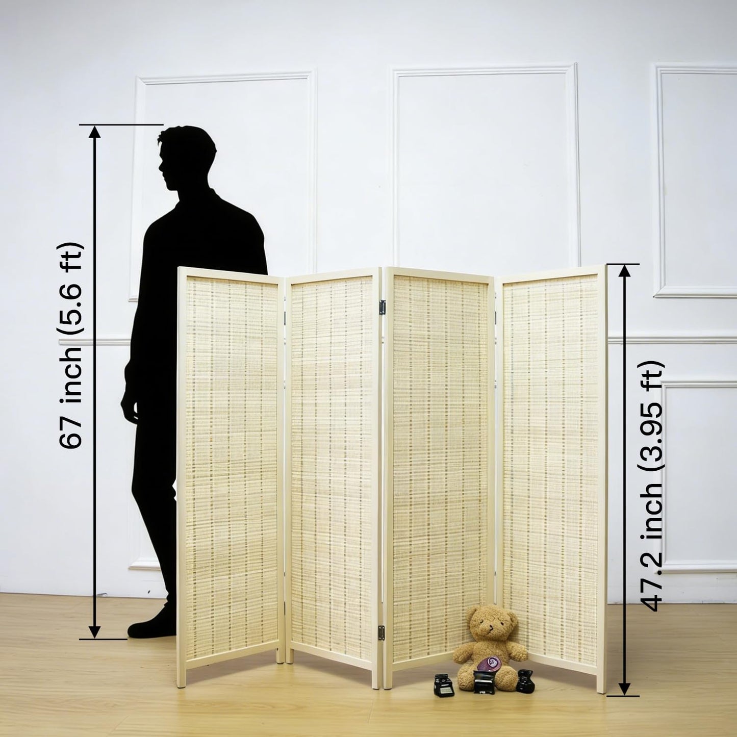 Furnnylane 4 Panel Short Room Divider Screen,Beige Freestanding Partition,Small Bamboo Panel Divider for Room Seperation,3.95 FT Tall