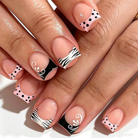 Short Square Press on Nails French Tip Fake Nails with Zebra Print Design Black Polka Dot False Nails Press ons Nude Base Acrylic Glue on Nails for Women Manicure 24Pcs