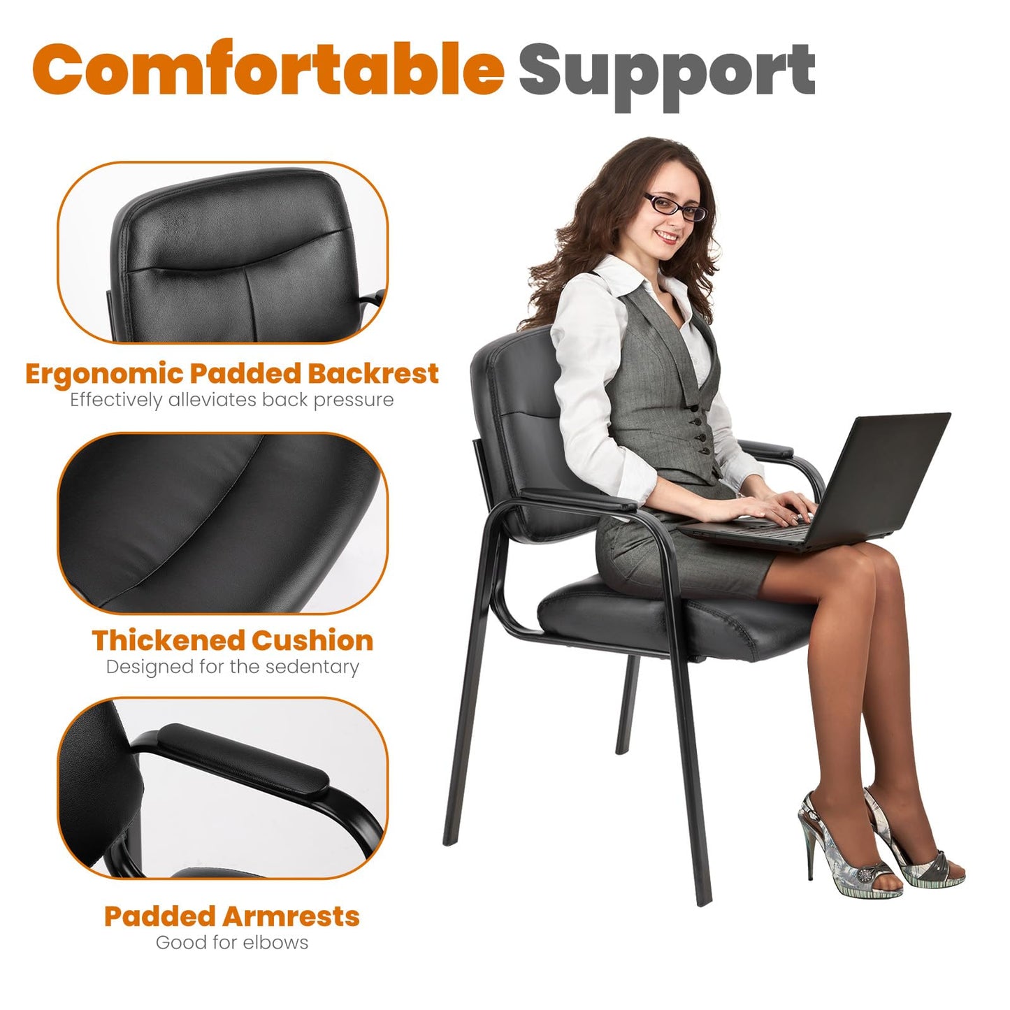 OLIXIS Office Waiting Room Chairs Set of 4, Leather Desk Reception Guest Stationary Side Chair with Padded Arms for Home Conference Lobby Medical Clinic
