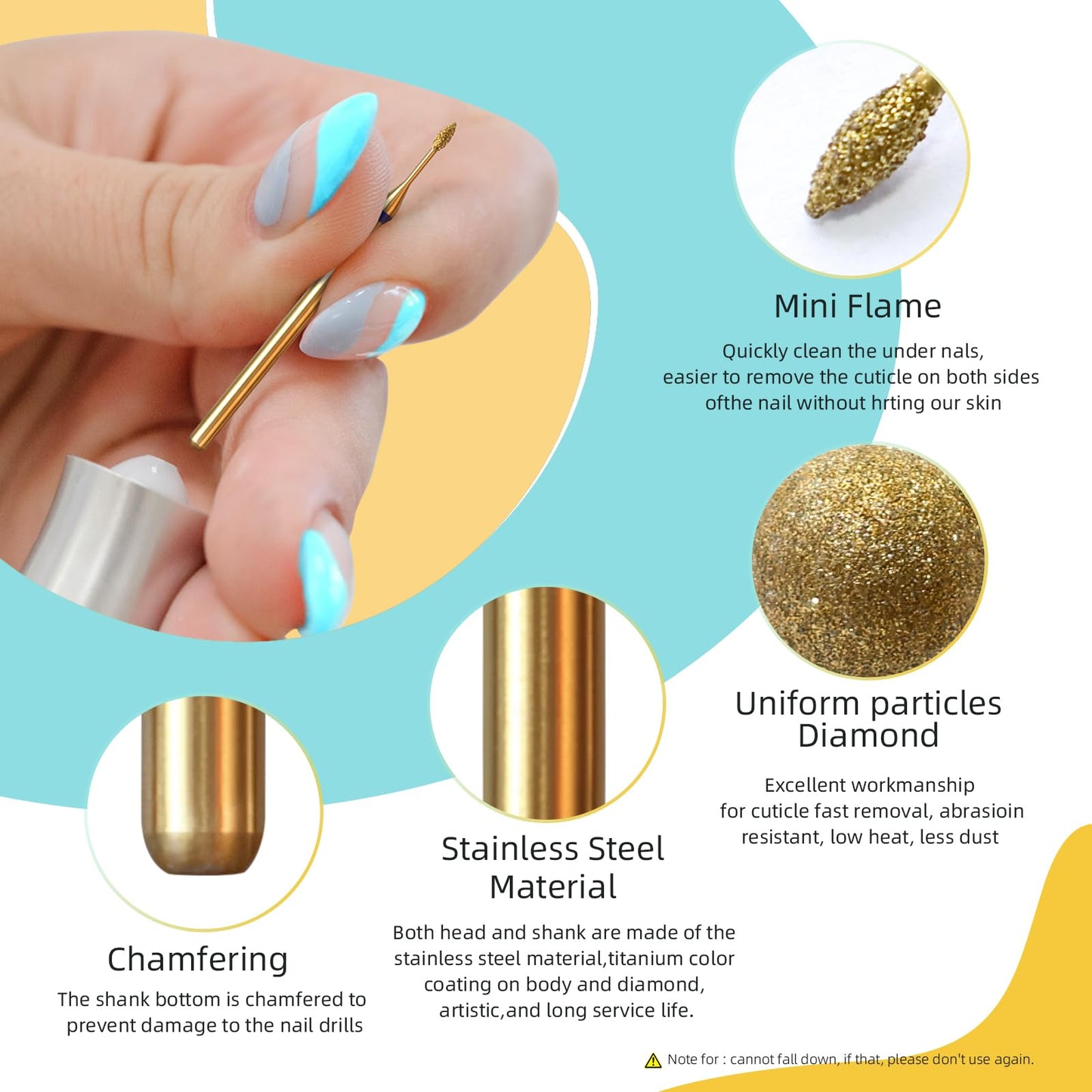 HYTOOS 1mm Mini Flame Cuticle Clean Nail Drill Bit, 5Pcs/Set Titanium Russian Diamond Nail Bits Professional Safety Under Nail Cleaner Burr for Cuticle Dead Skin, Electric Drill Accessories, Medium