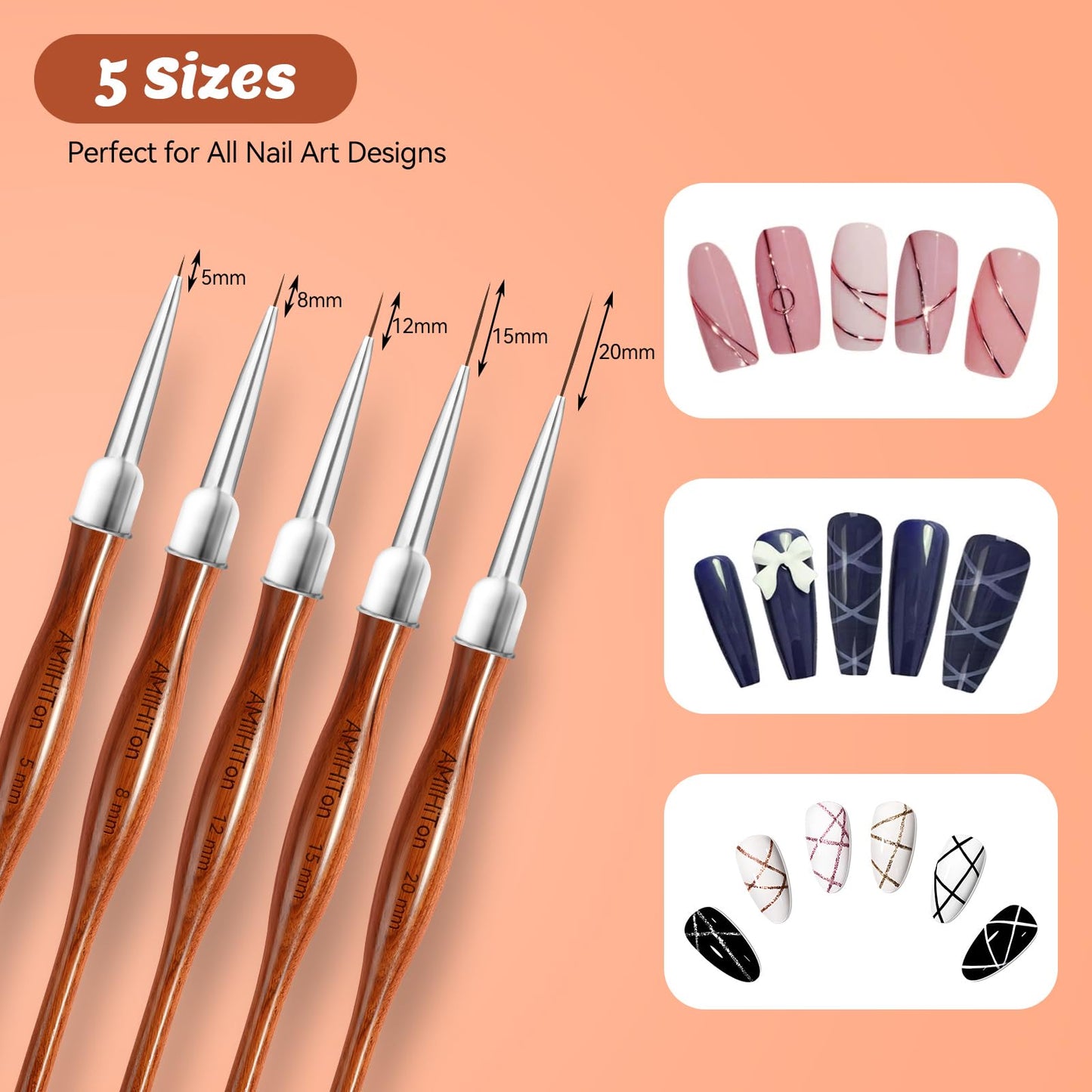 AMilHiTon 5PCS Nail Art Liner Brushes for Fine Drawing & Detailed Nail Art, 3PCS Nail Polish Remover Brush for Tidying Up Polish Mishaps on Cuticles(Green)