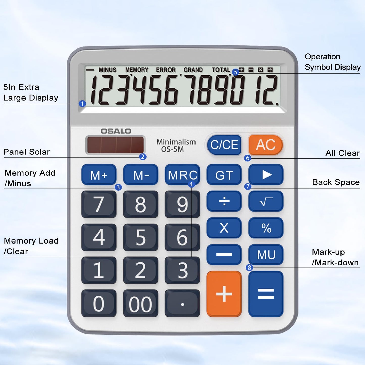 Desktop Calculator Extra Large 5-Inch Clear LCD Display 12-Digit Big Number Button Office Calculator with Auto Sleep Function (OS-5M)