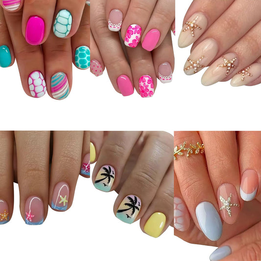 144 Pcs Summer Press on Nails - Almond, Square Press on Nails Short - Starfish, Coconut Tree Design Fake Nails for Women - 6 Packs