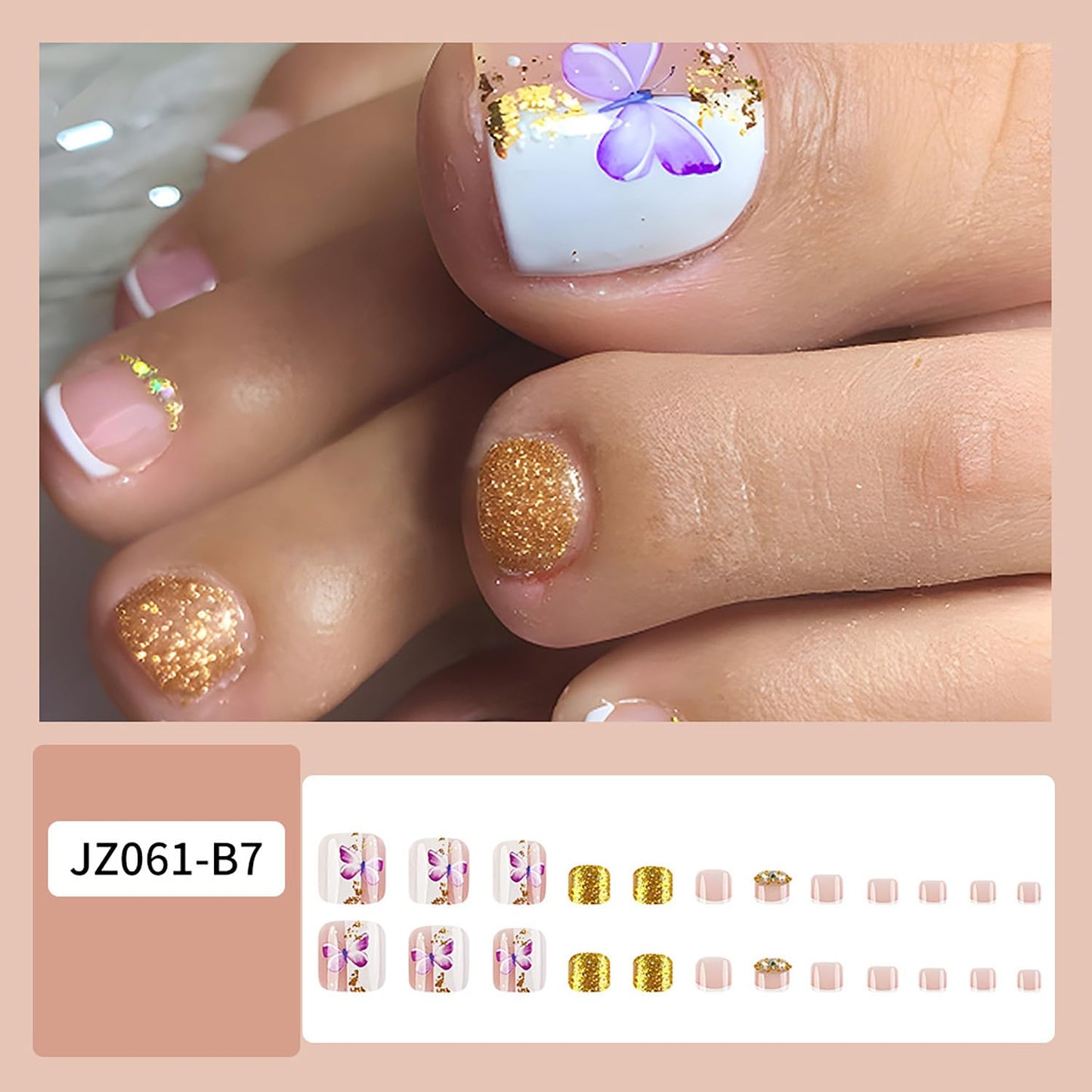 FIEONCIY Press on Toenails with Designs Acrylic Fake Nails for Toe Artificial False Nails with Charms Glue on Toe Nails for Spring Summer Stick on Toenails for Women Girls(JZ061)