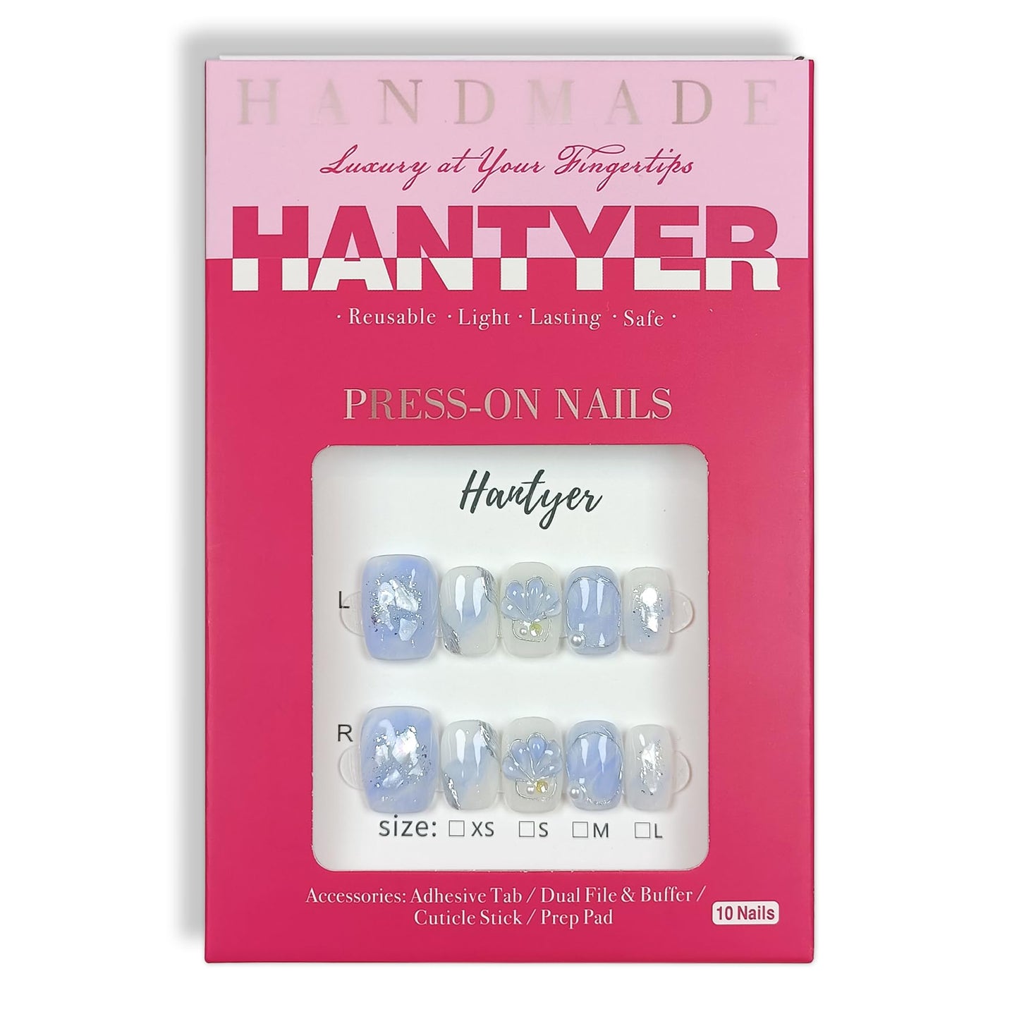 Hantyer Press on Nails, Short Coffin Fake Nails, Blue Marble & Hand-Painted Silver Streaks, Icy Blue Glittering Nails, Handmade Nails Sweet Style for Office, Holiday Parties & Special Events(Size M)