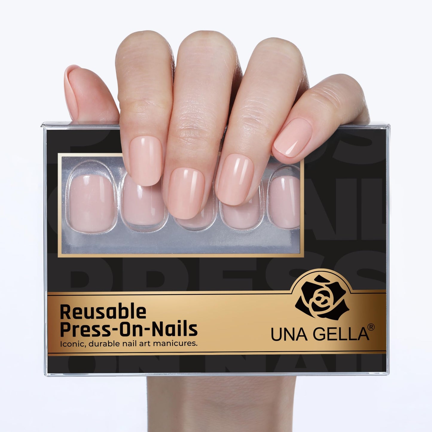 UNA GELLA Short Round Press on Nails - 32Pcs 16 Sizes Oval Nude Pink Fake Nails, Glossy Reusable Glue on Nails for Women, Durable Natural False Nails Kit for Small or Wide Nail Beds