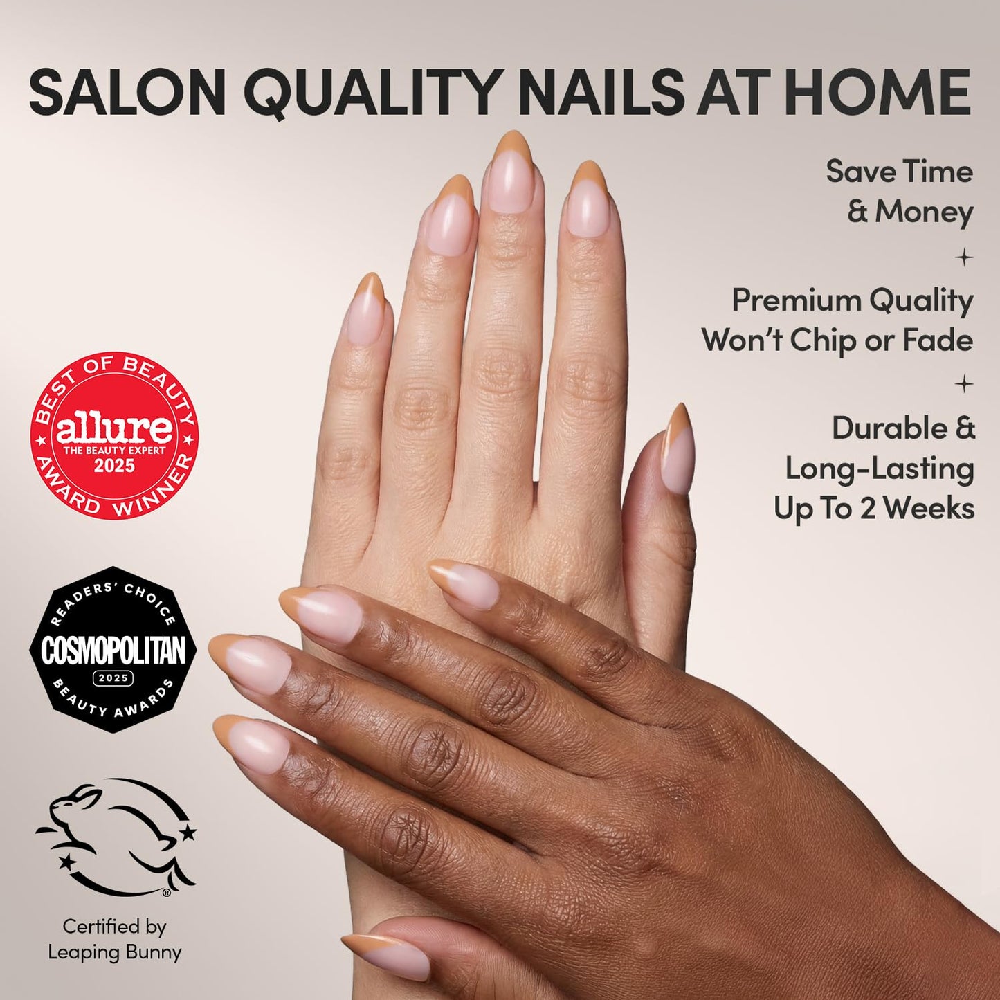 Glamnetic Press On Nails - Café Crème | Semi-Transparent Light Brown French Tip Short Almond Fake Nails in a Glossy Finish, Salon Quality | 15 Sizes - 30 Nail Kit