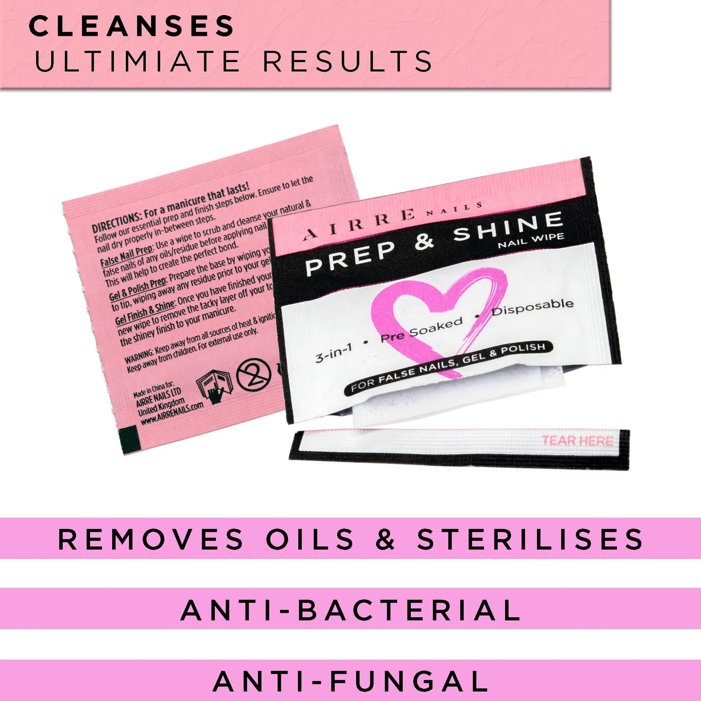 220 AIRRE NAILS Prep & Shine Alcohol Nail Wipes 3in1 Lint-Free Prep & Wipe Cleanser Pads for Gel Polish Sticky Residue & Tacky Layer Remover After UV/LED Curing, For Gel, Acrylic & False Nails & Tips