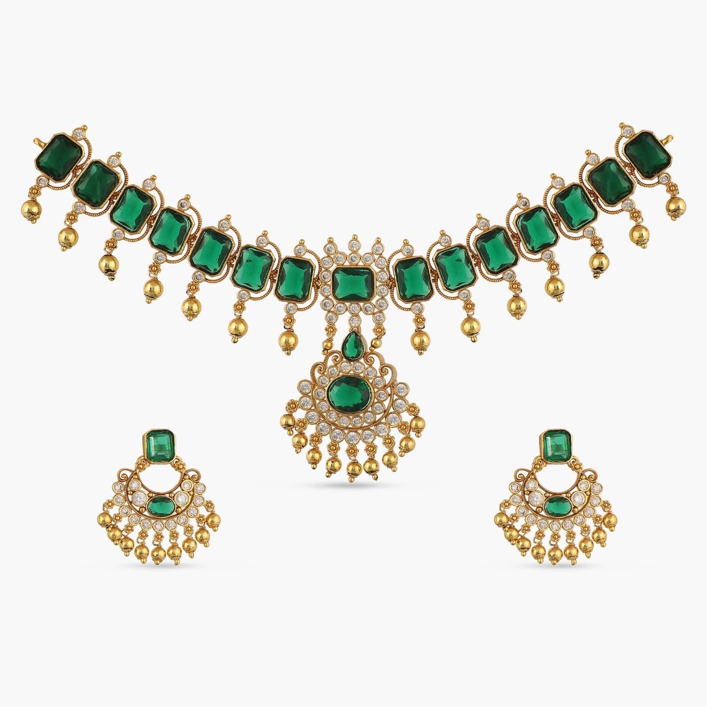 TARINIKA Green and White Cubic Zirconia(CZ) Indian Necklace Set with Earrings, Gold Plated Brass Fashion Indian Jewelry Gift for Women Bollywood Costume Jewellery (Emerald Shine CZ)