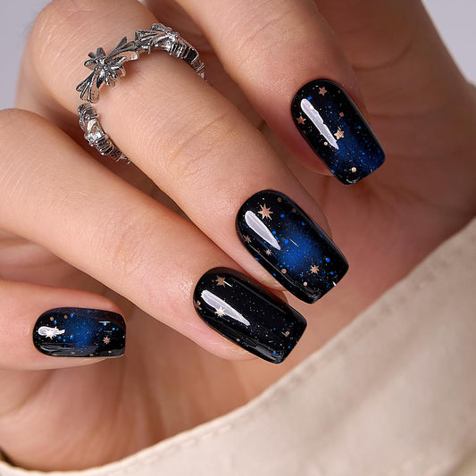 Curvlife Press On Nails - Acrylic False Nails Kit with Design, Full Coverage, Reusable Nails, Glue, Tabs, File - Artificial Nails (Starry Sky, Medium)