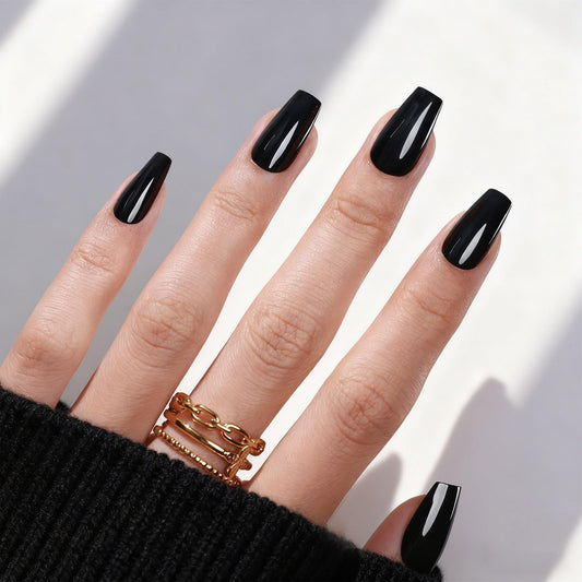 Black Coffin Halloween Press on Nails Medium - GJZEZ Soft Gel Ballerina Glossy Square False Nails, Natural Fit T-Shape Acrylic Glue on Nail for Women | 16 Sizes - 32 pcs Reusable Nails, Classic Black