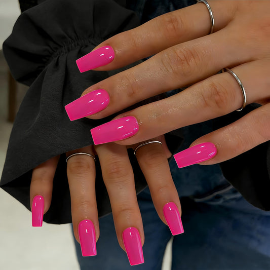 SXVME Press On Nails Long Square - Hot Pink Press on Nails with Glue for Women, Bright Fake Nails Press ons Medium, Glossy Soft Gel Glue on Nails Coffin, Reusable Nail Stick Ons, Fushia 24 Pcs