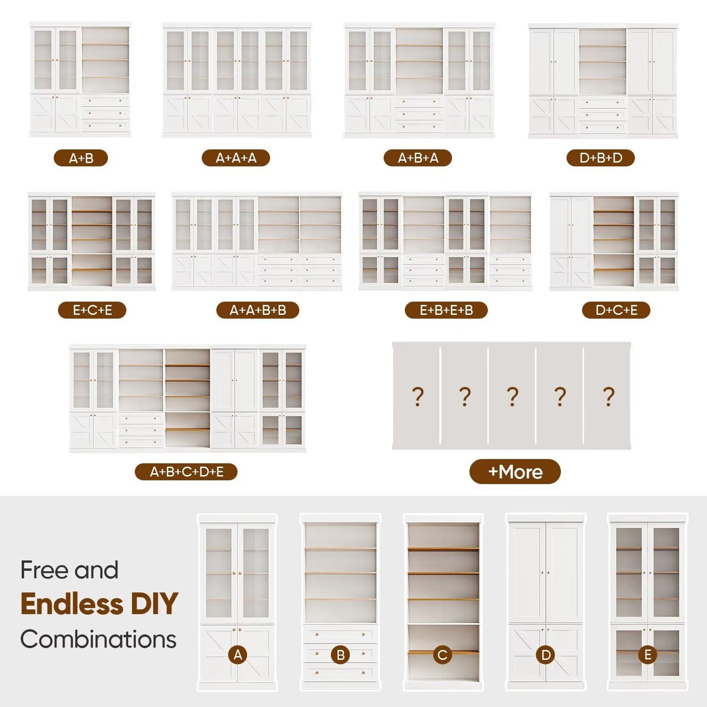 Myricore 70.8" Bookshelf with Glass Doors, Farmhouse Modular Bookcase with 6-Tier Adjustable Shelves, Large Storage Cabinet for Living Room & Home Office, Set of 2, White