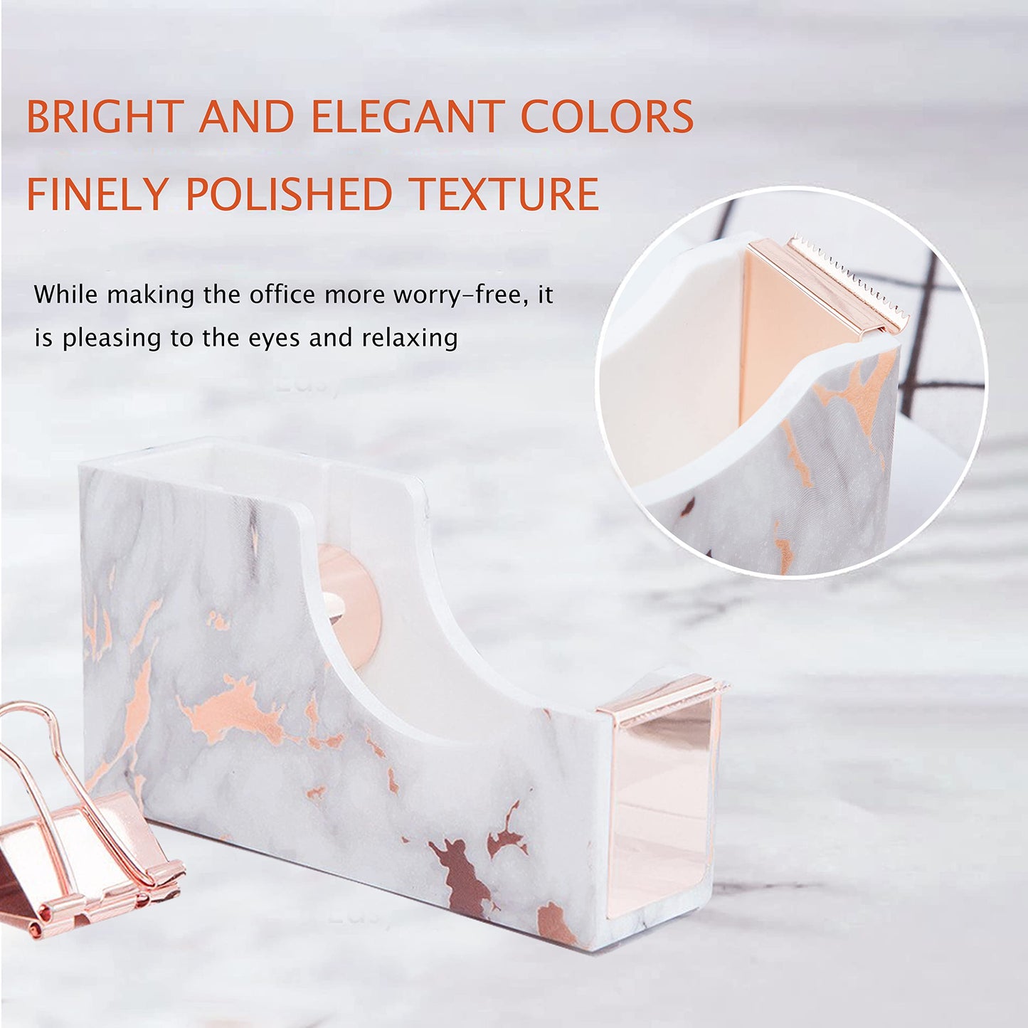 Rose Gold Marble Desk Accessories, Office Supplies Set Stapler Staple Remover, Tape Holder, Pen 2 Ballpoint Pen, Scissor, Binder Clips, Paper Clips and 1000pcs Staples