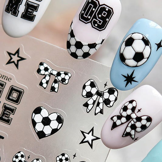 5D Embossed Nail Stickers Black White Nail Decals Soccer Bow Star Heart Nail Art Stickers Self-Adhesive Nail Stickers for Nail Art for Women Girls Y2K DIY Manicure, 1 Sheet