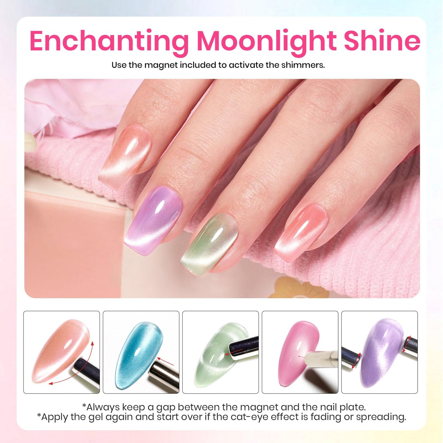 Beetles Cat Eye Gel Nail Polish Set, 6 Colors Fairy Garden Pastel Spring Shimmer Glitter Gel Polish Kit Pink Red Blue Orange Green Purple Velvet Gel Soak Off UV Magnet Nail Art DIY Gift for Women