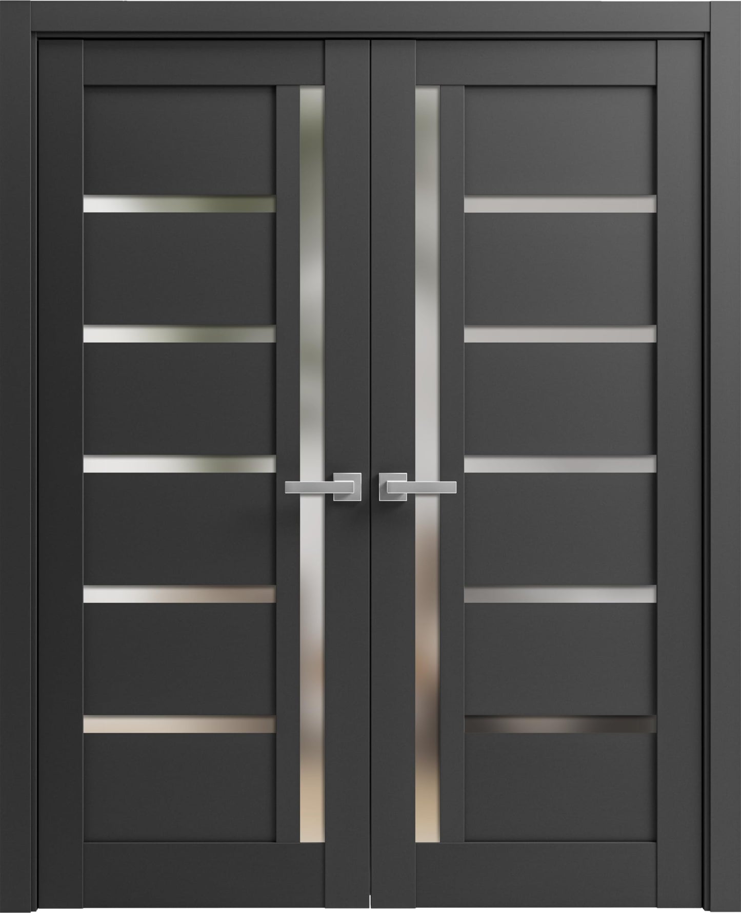 SARTODOORS Quadro 4088 Interior Doors 60 x 80 in, Black Matte Frosted Glass Solid French Double Door, Solid MDF Core, Frame and Satin Nickel Hardware Included