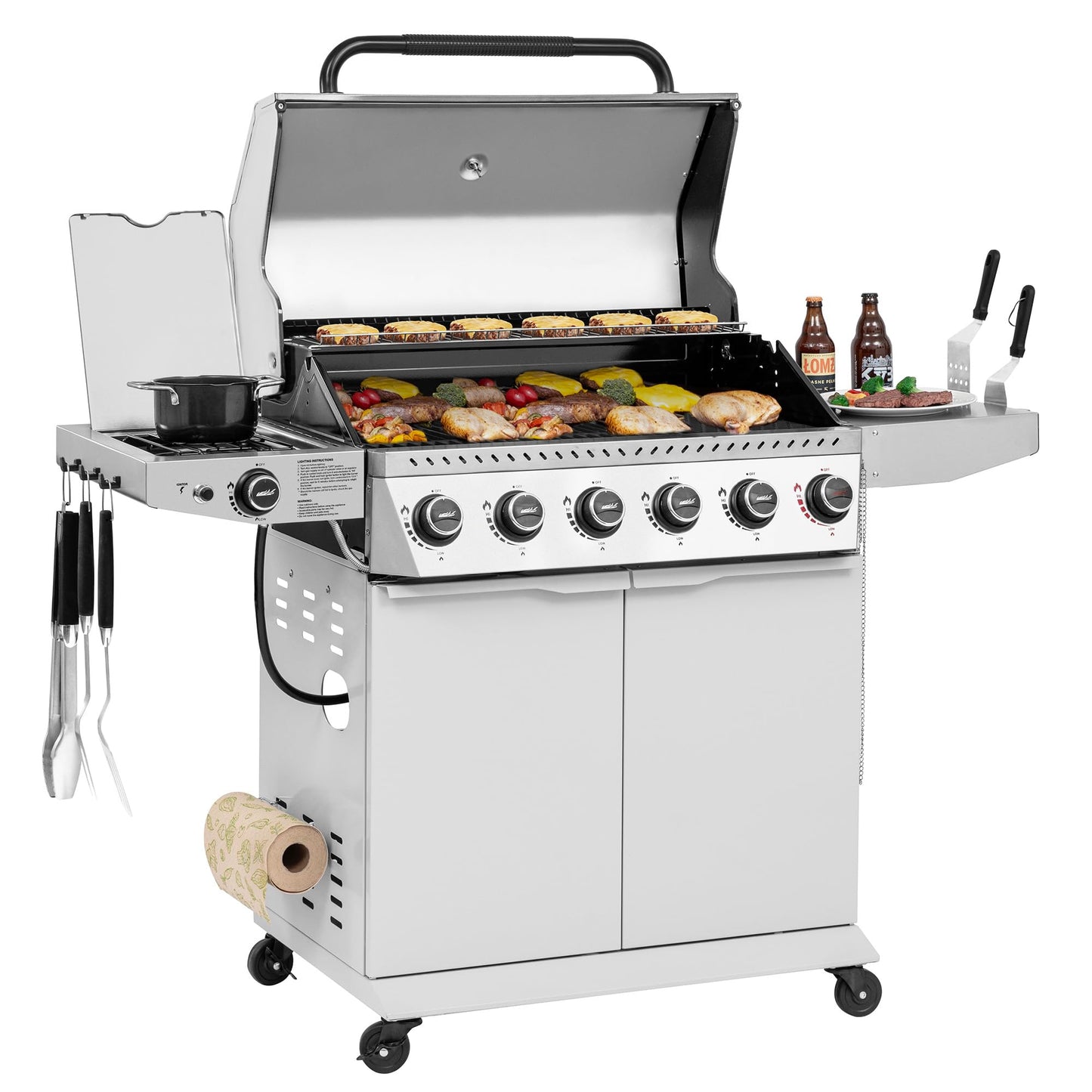 Royal Gourmet GA6406W 6 Burner Propane Gas Grill with Foldable Right-Side Table, 74,000 BTUs, Cabinet Style Gas BBQ Grill with Side Burner for Barbecue Grilling & Backyard Cooking, White