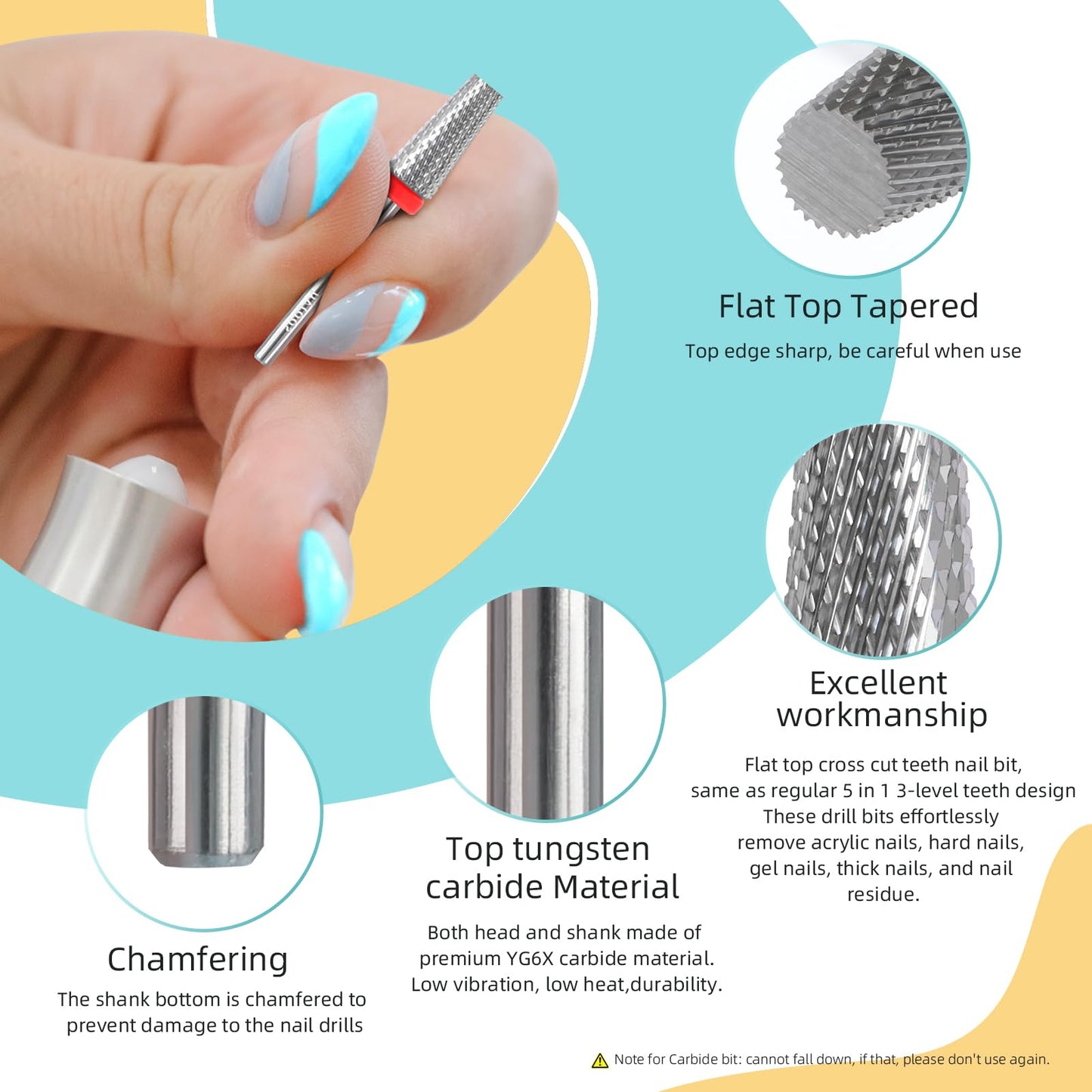 HYTOOS Flat Top 5 in 1 Nail Drill Bit Professional Tungsten Carbide Cross Tapered Nail Bits 3/32" 2 Way Electric File Nail Drill Accessories Manicure Gel Polish Removal Tool F