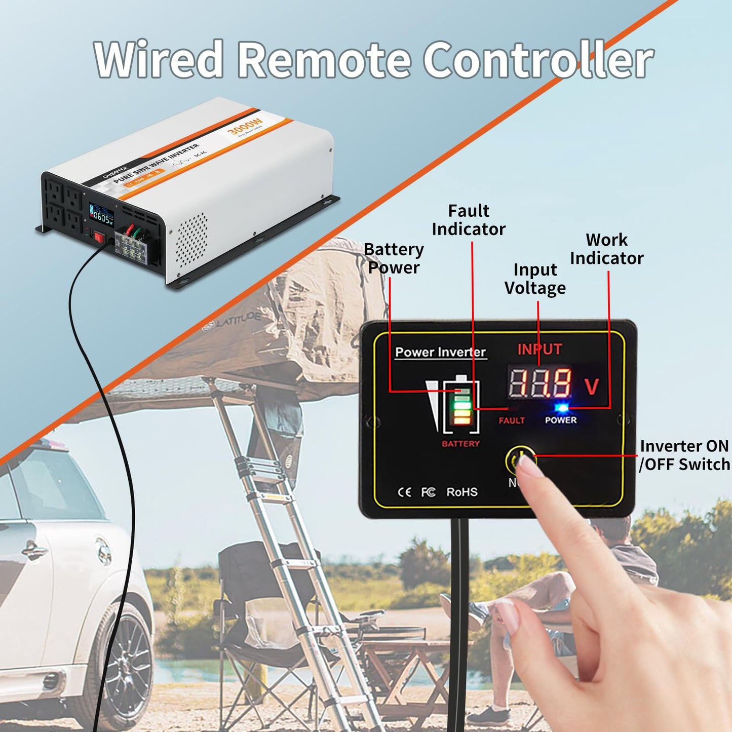 OUBOTEK 3000 Watt Pure Sine Wave Inverter, DC 12V to AC 120V with LCD Display, Remote Control, USB Port, 4 AC Outlets, and Terminal Block for RV Boat Camping Solar System and Home Use