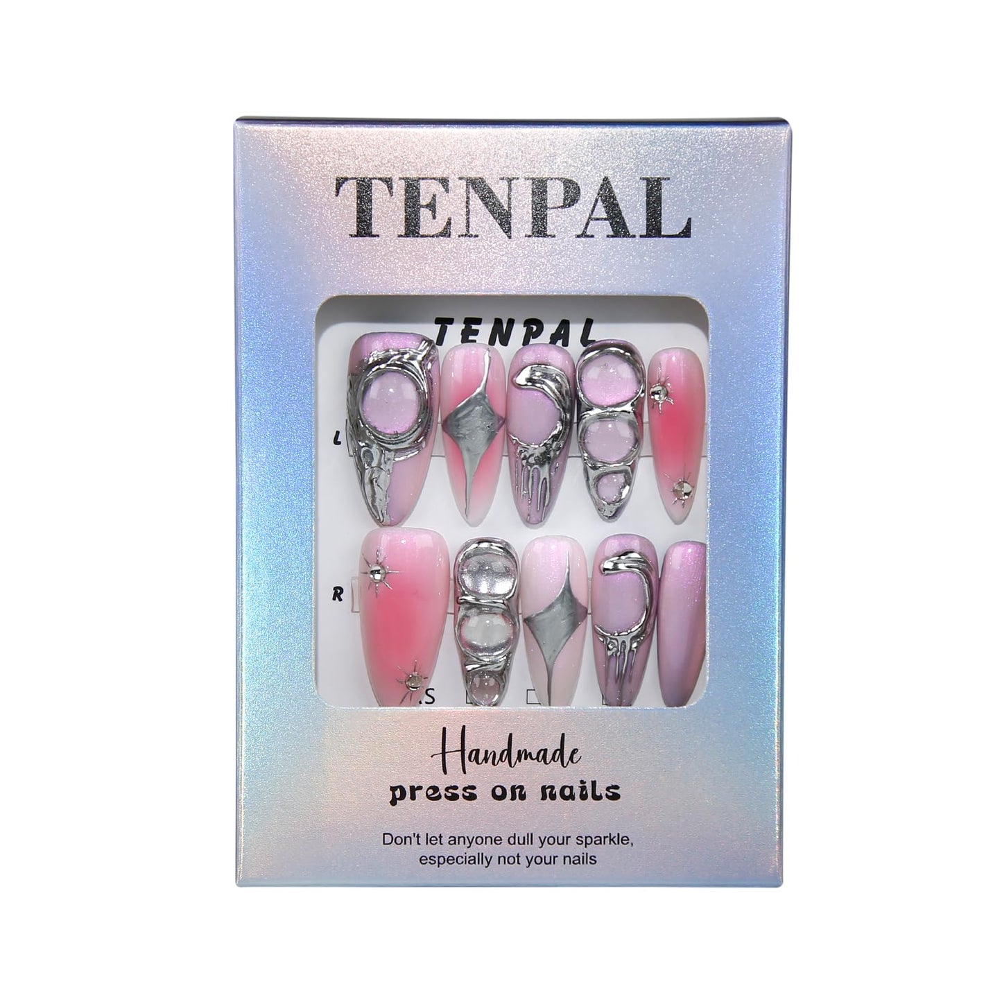 TENPAL Metallic Press on Nails Long Stiletto,Sweet Cool Soft Gel With Aurora Designs,10Pcs/Box Acrylic Handmade Pink Purple y2k False Nails Press Ons For Women Gift(XS)
