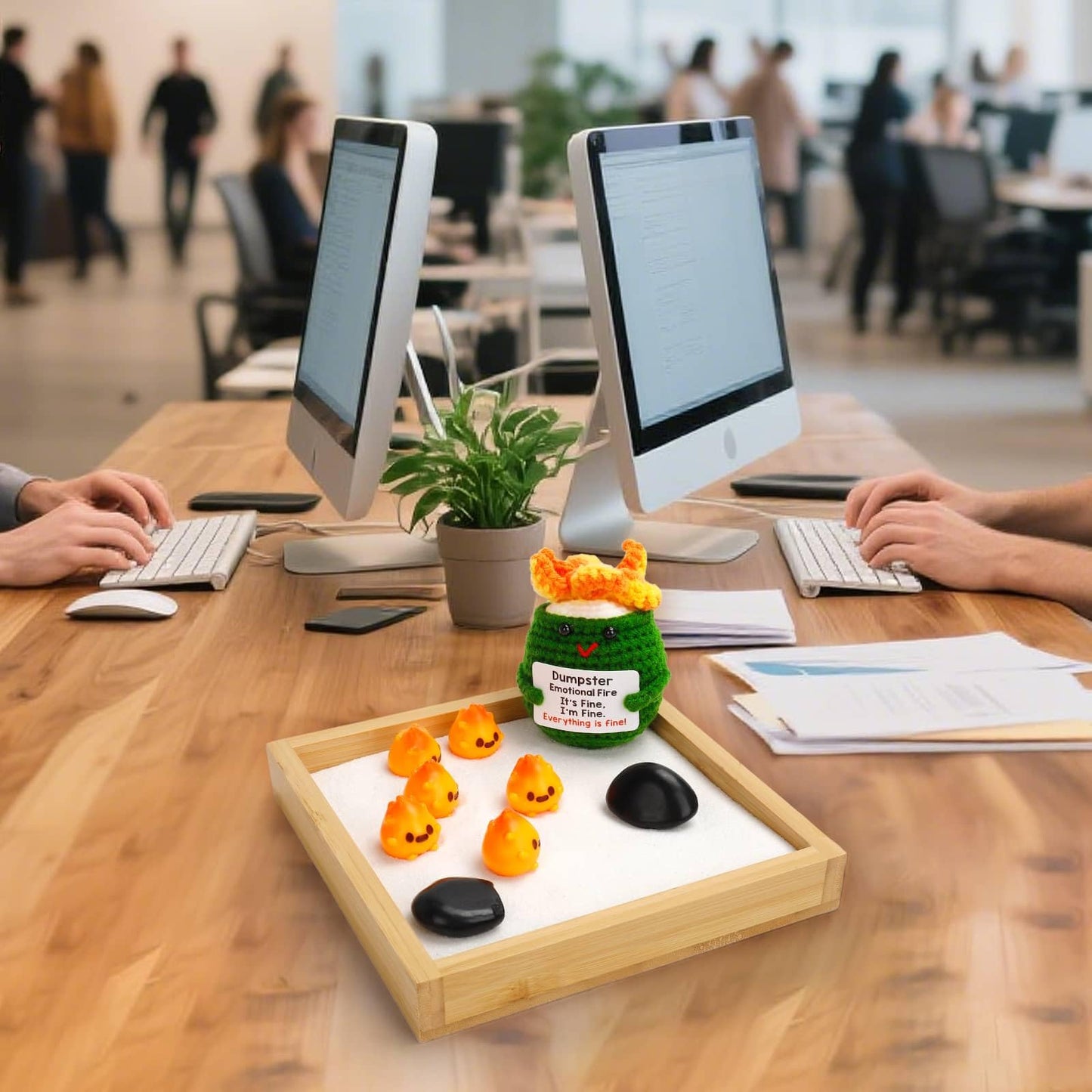 Humorous Emotional Support Dumpster Fire Desk Toy - Unique Desk Accessories, Mini Zen Garden Sand Box with Crochet Figure & 8 Flames, Funny Gift for Coworkers & Office Stress Relief