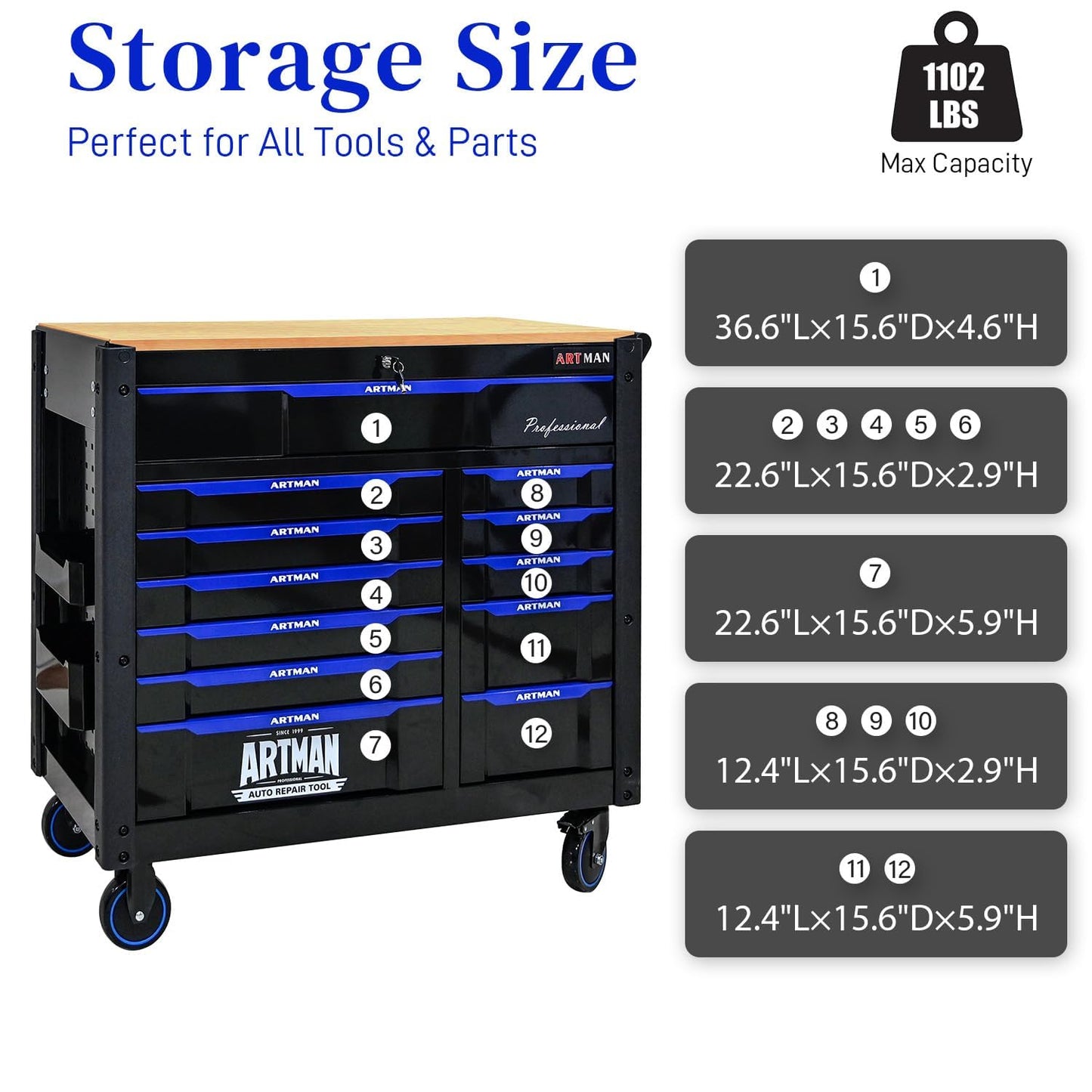 WTRAVEL Heavy Duty Rolling Tool Chest with 12-Drawer Tool Cart Mechanic Tool Box with Wheels Tool Storage Cabinet Mobile Workbench Tool Bench for Garage, Workshop, Warehouse, Repair Shop, Wood Top