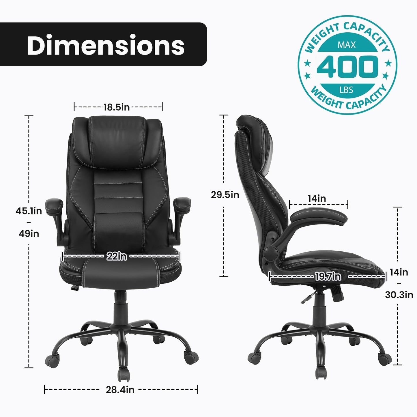 Big and Tall Executive Office Chair 400lbs for Heavy People, Ergonomic Computer Desk Chair with Lumbar Support & Adjustable Headrest, Comfy High Back Leather Office Chairs for Back Pain Relief, Black