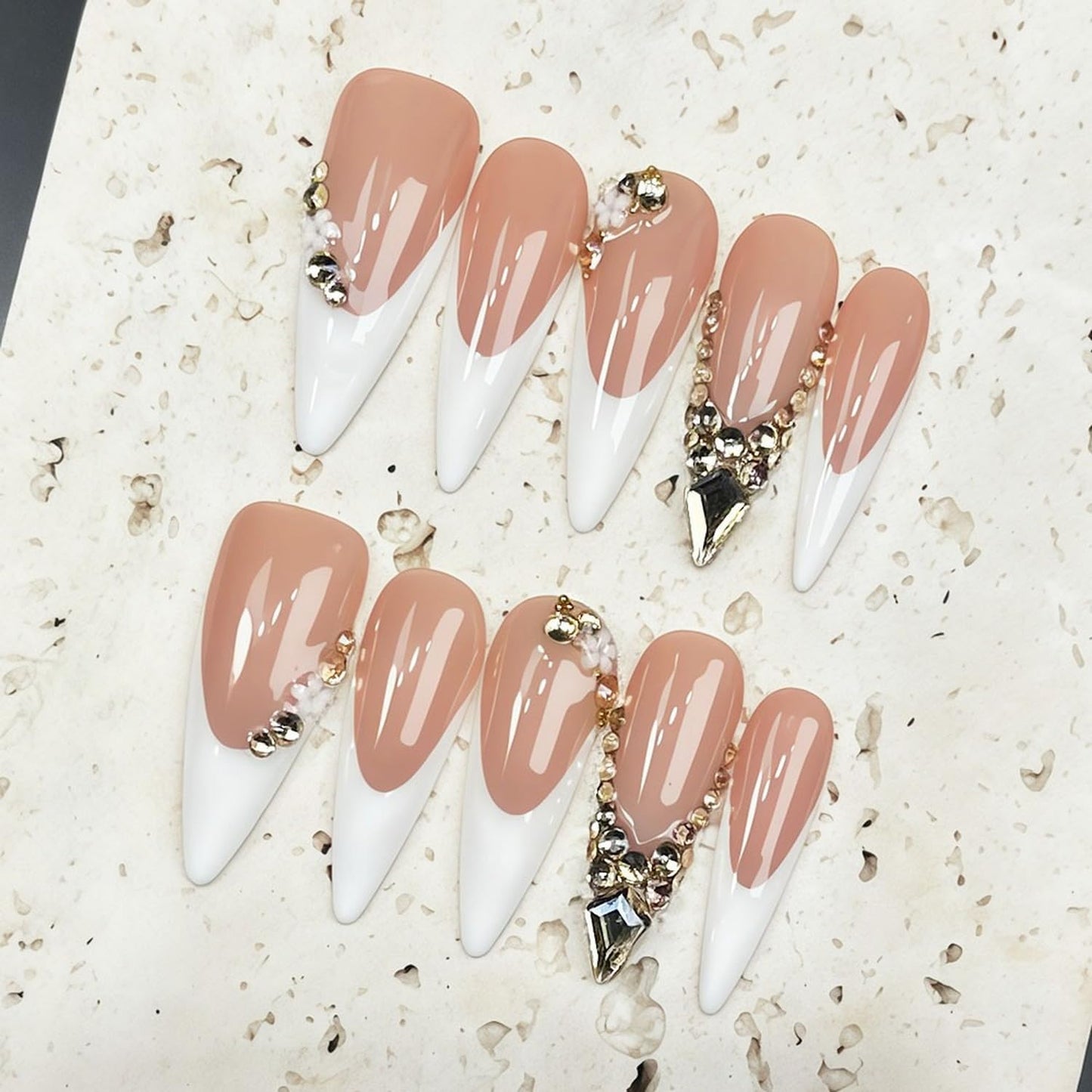 Handmade White French Press on Nails Long Stiletto False Nail with 3D Rhinestone Designs Handmade Flower Fake Nails Muti-Layer Gel Acrylic Nail Full Cover Stick on Nails for Women（M)