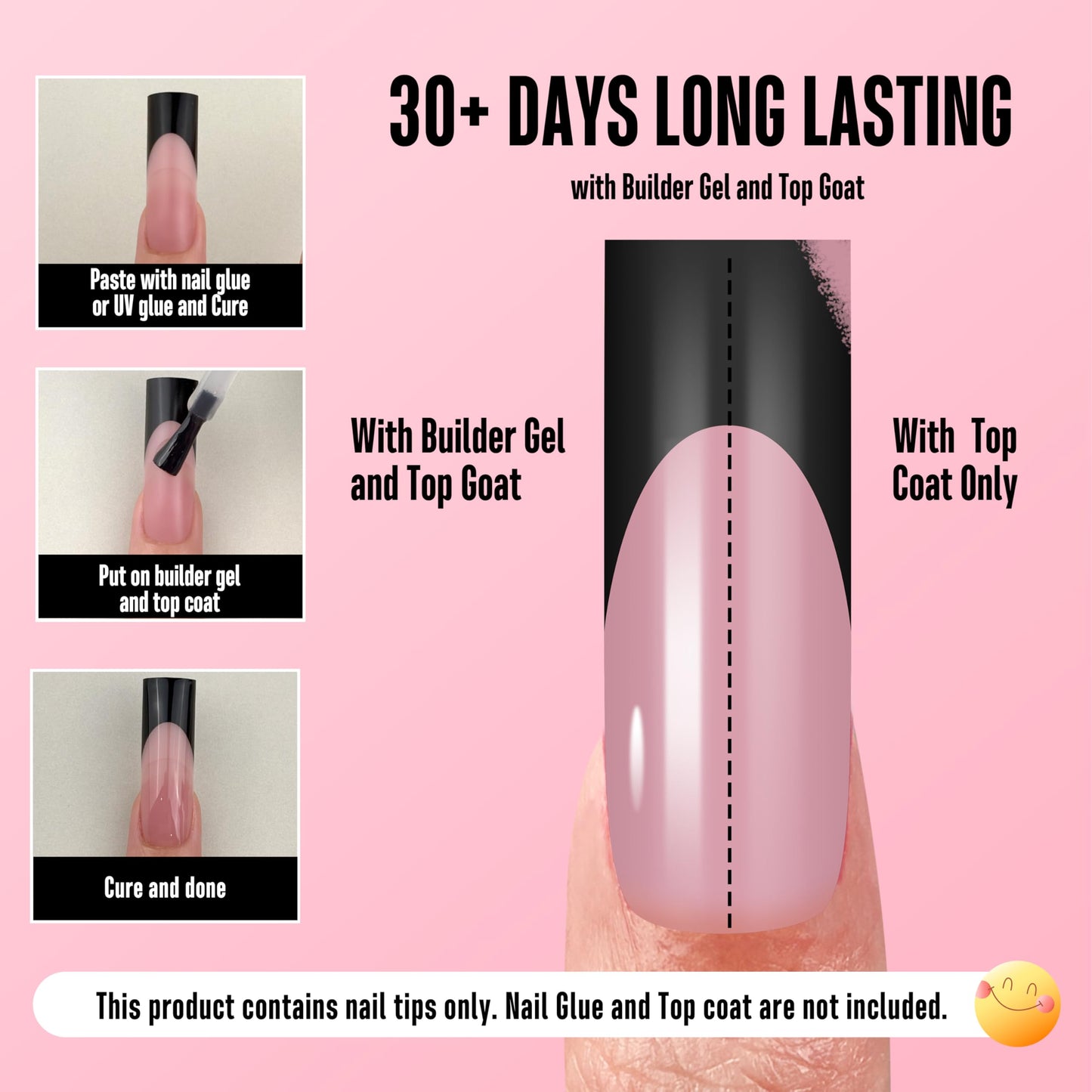 NOVO OVO Long Sharp Square Black French Tip Nail Tips Press on BERRY PINK, Extra Thick NEED Builder Gel & Top Coat & Glue, Soft Gel full Cover False Fake Nail Extension for Salon DIY x 15 Sizes 180 pc